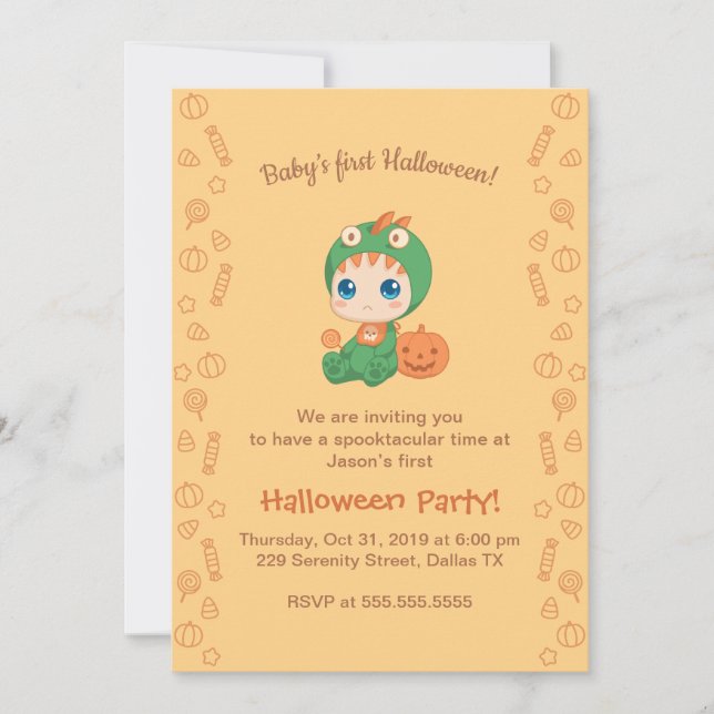 Erste Halloween Baby Niedlich Dragon Dinosaurier P Einladung (Vorderseite)