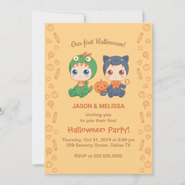 Erste Halloween Baby Twins Black Cat Dragon Party Einladung (Vorderseite)