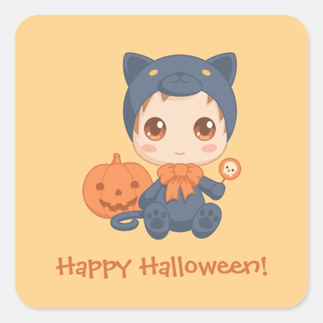 Erste Halloween-Niedlich-Kinderkatzenkostüm Quadratischer Aufkleber (Vorderseite)
