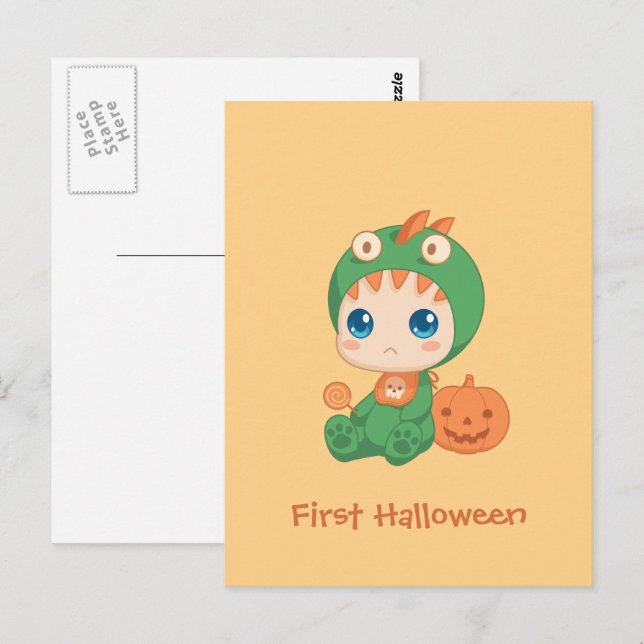 Erste Halloween-Niedliches Baby Dragon-Dinosaurier Postkarte (Vorne/Hinten)