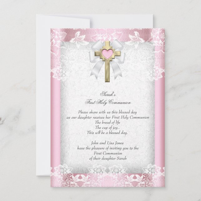 Erste Heilige Kommune 1. Girls Kreuz Rosa 8 Einladung (Vorderseite)