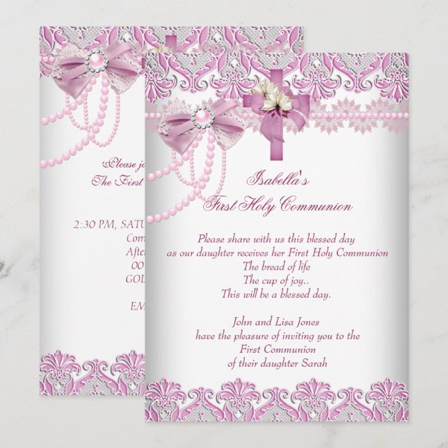 Erste heilige Kommune 1. Girls Pink Pearl Lace Einladung (Vorne/Hinten)