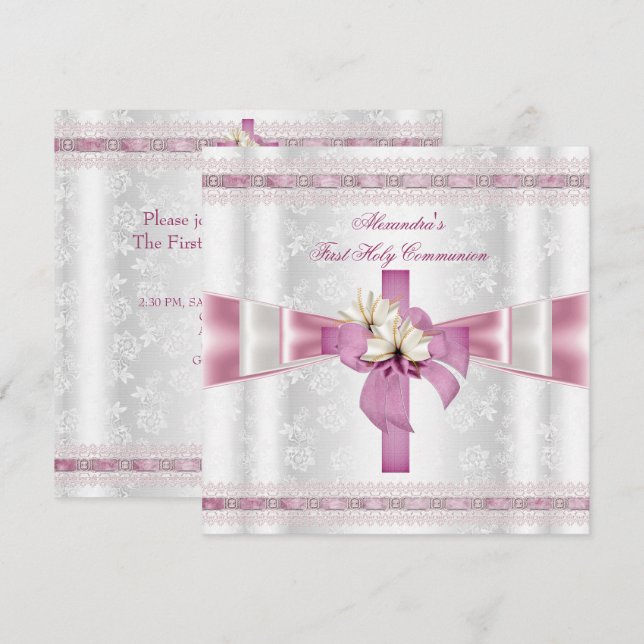 Erste heilige Kommune 1. Kreuzmädchen Weiß Rosa Einladung (Vorne/Hinten)