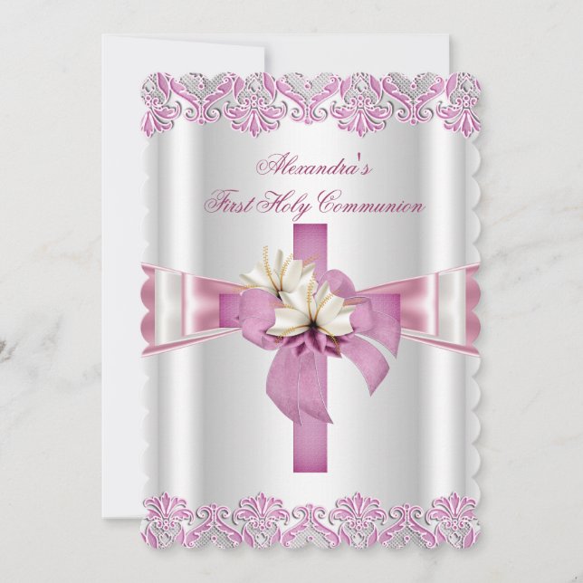 Erste heilige Kommune 1. Kreuzmädchen Weißer Rosa  Einladung (Vorderseite)