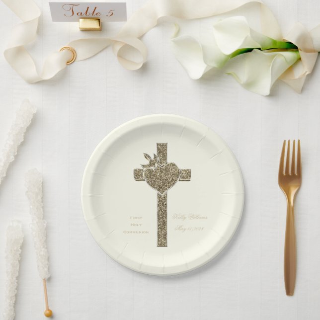 Erste Heilige Kommune Kreuz mit Taube und Herz Pappteller (Hochzeit)