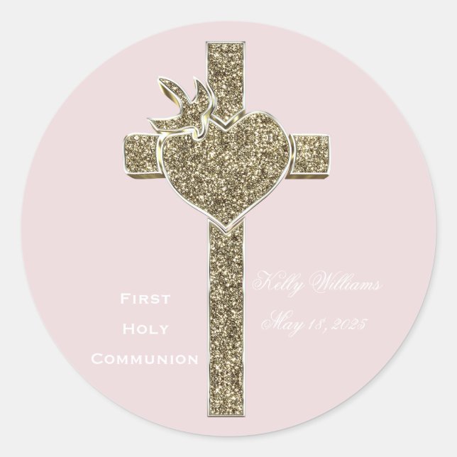 Erste Heilige Kommune Kreuz mit Taube und Herz Runder Aufkleber (Vorderseite)