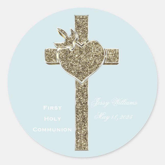 Erste Heilige Kommune Kreuz mit Taube und Herz Runder Aufkleber (Vorderseite)