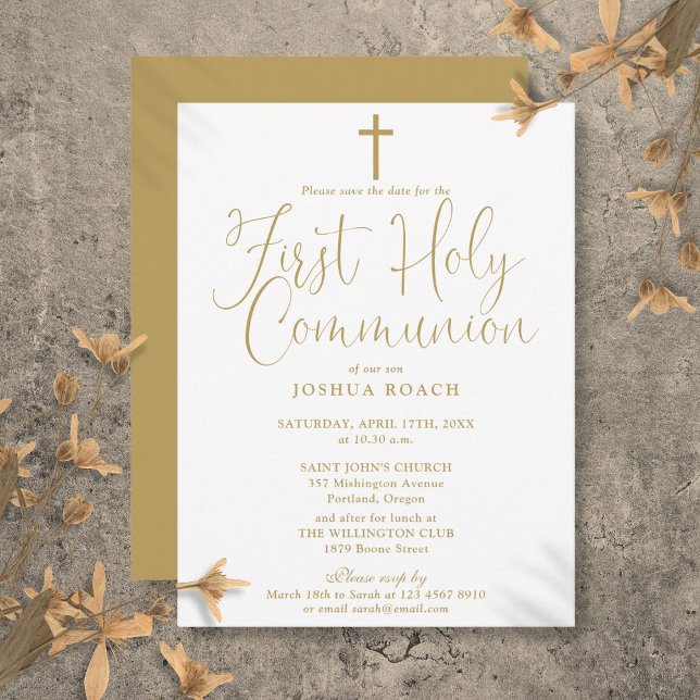 Erste Heilige Kommune Save the Date Gold Postkarte (Gold First Holy Communion Save The Date Postcard)