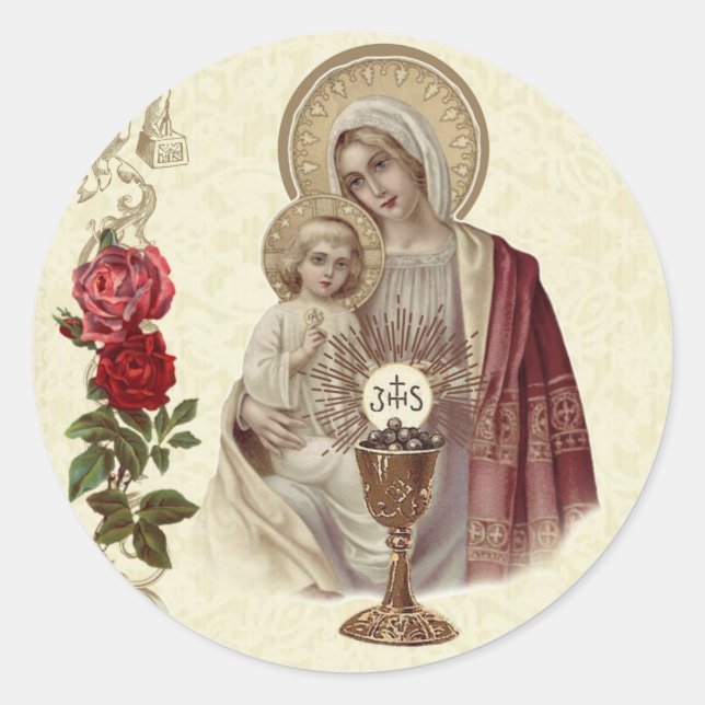 Erste heilige Kommune Selige Jungfrau Maria Jesus Runder Aufkleber (Vorderseite)