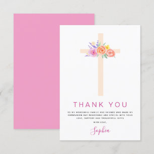 Erste heilige Kommune Vielen Dank Floral Pink Rose Dankeskarte