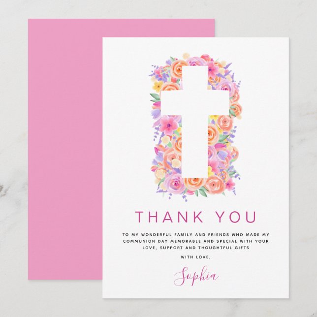 Erste heilige Kommune Vielen Dank Floral Pink Rose Dankeskarte (Vorne/Hinten)