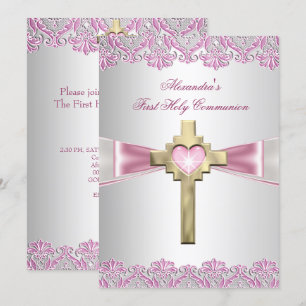 Erste heilige Kommunion 1. Goldkreuz Mädchen Pink Einladung