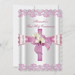 Erste heilige Kommunion 1. Kreuz Mädchen Weiß Pink Einladung