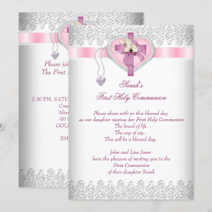 Erste heilige Kommunion 1. Kreuz Mädchen Weiß Rosa Einladung