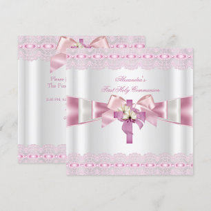 Erste heilige Kommunion 1. Mädchen Weiß Rosa Spitz Einladung