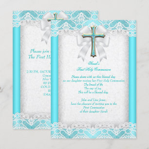 Erste heilige Kommunion 1. Mädchenkreuz Aqua Türki Einladung