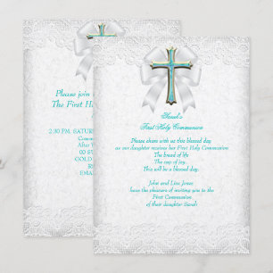 Erste heilige Kommunion 1. Mädchenkreuz Aqua Türki Einladung