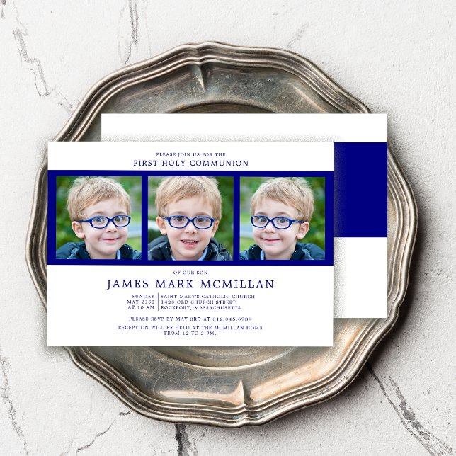 Erste heilige Kommunion 3-Foto Collage Boy Navy Bl Einladung (Von Creator hochgeladen)