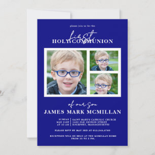 Erste heilige Kommunion 3-Foto Collage Boy Navy Bl Einladung