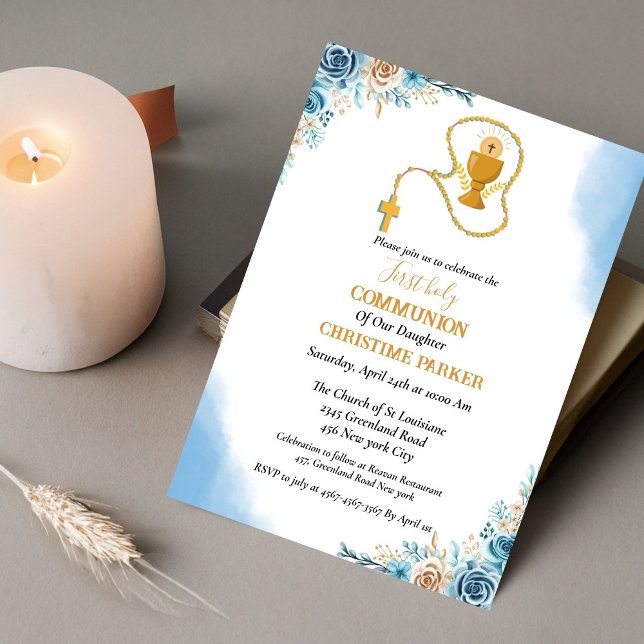 Erste heilige Kommunion Aquarellblau Blütenblume Einladung (Von Creator hochgeladen)