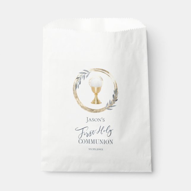 Erste Heilige Kommunion | Blau und Imitat, Goldfol Geschenktütchen (Vorderseite)
