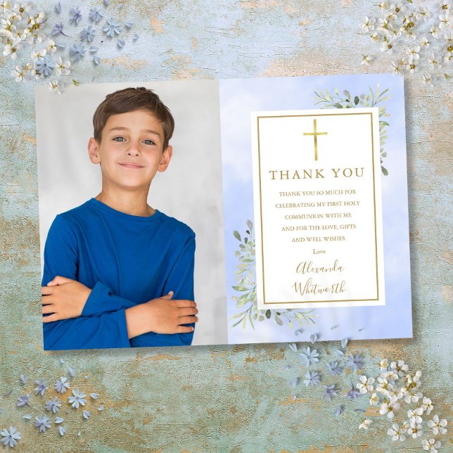 Erste Heilige Kommunion Blaue Grüne Foto Dankeskarte (First Holy Communion Blue Greenery Photo Thank You Card)