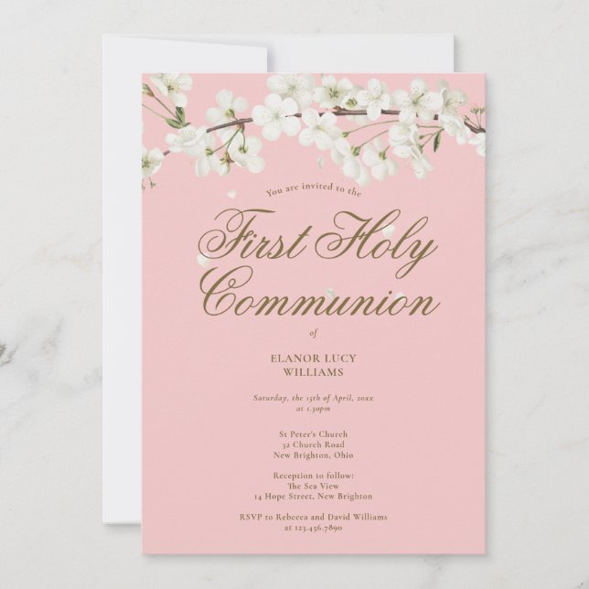 Erste Heilige Kommunion Blossom Blumenrot Rosa Einladung (Vorderseite)