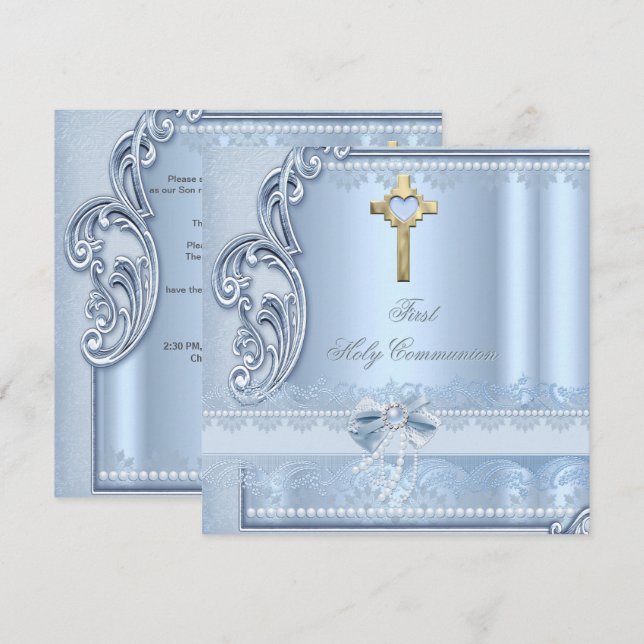 Erste Heilige Kommunion Blue Lace Bestätigung Einladung (Vorne/Hinten)