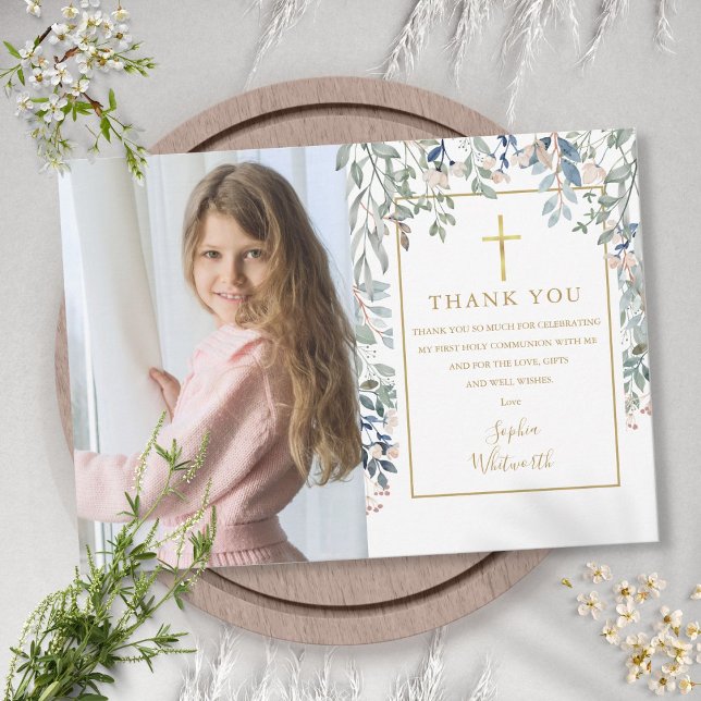 Erste Heilige Kommunion Blumenfoliage-Foto Dankeskarte (Von Creator hochgeladen)