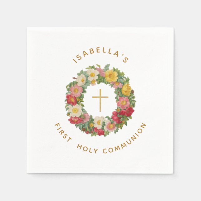 Erste Heilige Kommunion Blumenkreuz in Rose Kranz Serviette (Vorderseite)