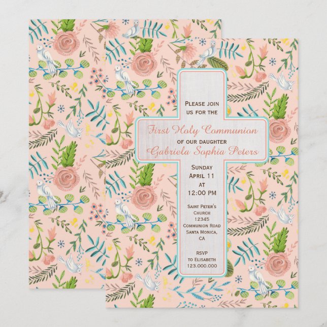 Erste Heilige Kommunion Blumenmuster | Aufforderun Einladung (Vorne/Hinten)