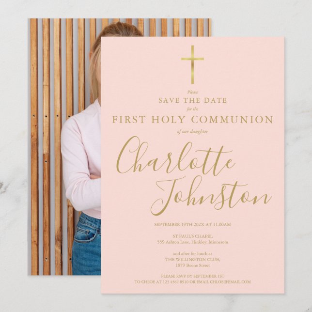 Erste heilige Kommunion Blush Pink Gold Script Fot Save The Date (Vorne/Hinten)