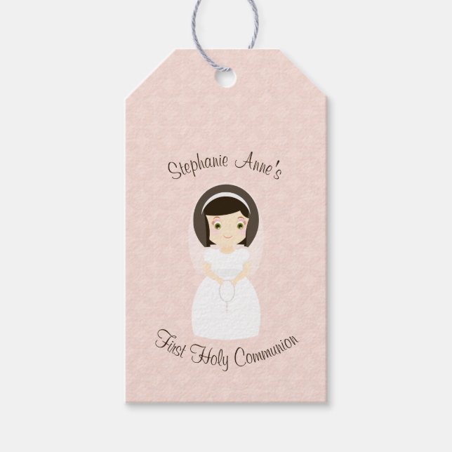 Erste Heilige Kommunion Brünett Girl Geschenkanhänger (Vorderseite)
