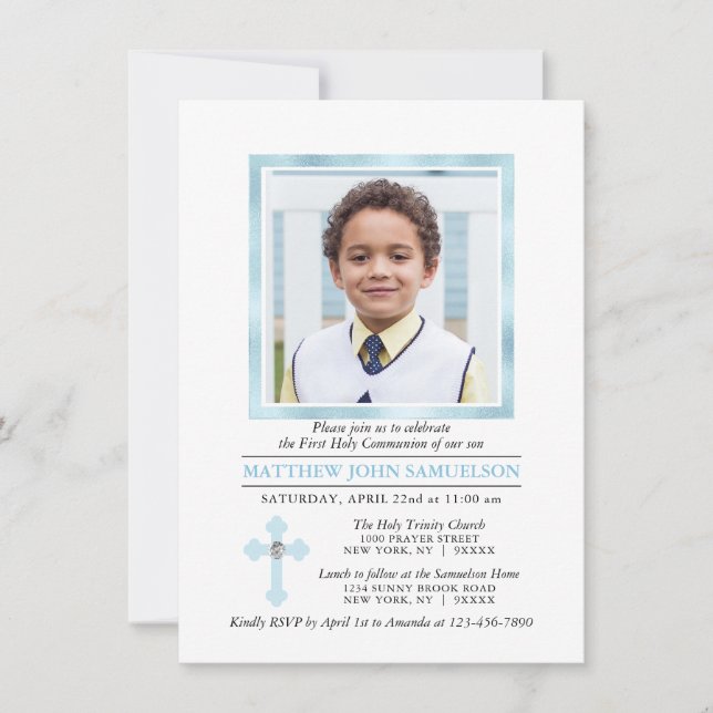 Erste Heilige Kommunion Cross Blue Boy | FOTO DIY Einladung (Vorderseite)