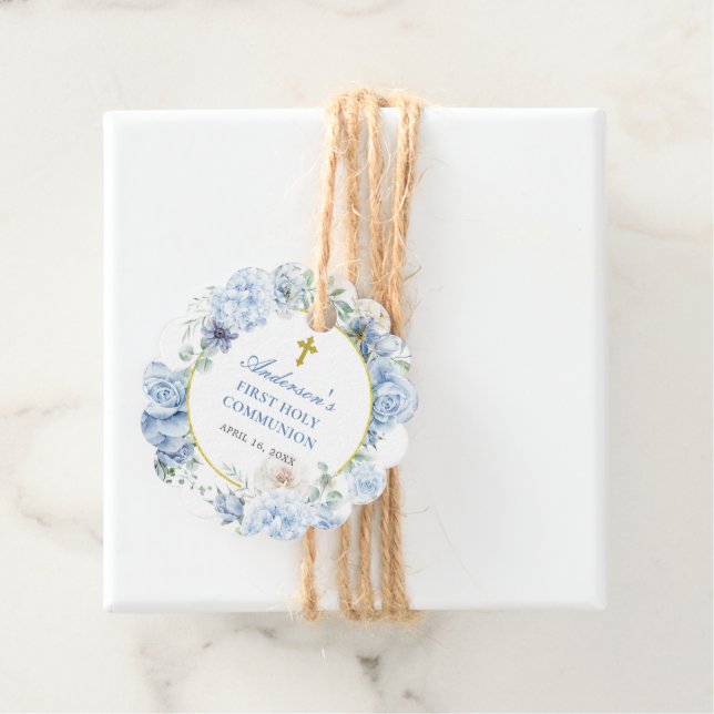Erste Heilige Kommunion Dusty Blue Floral Geschenkanhänger (Beispiel)