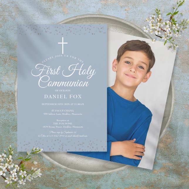 Erste Heilige Kommunion Dusty Blue Foto Einladung (First Holy Communion Dusty Blue Photo Invitation)
