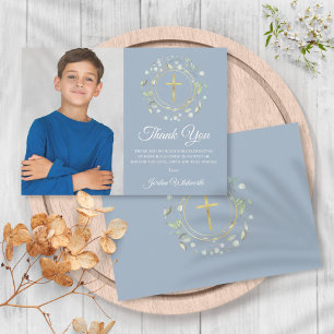 Erste Heilige Kommunion Dusty Blue Greenery Foto Dankeskarte