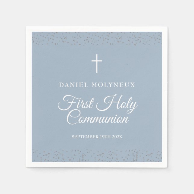Erste Heilige Kommunion Dusty Blue Silver Stardust Serviette (Vorderseite)