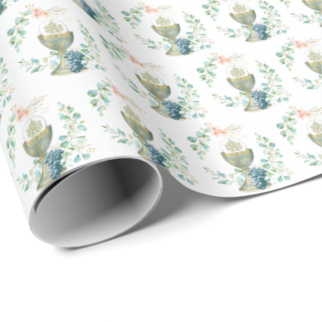 Erste Heilige Kommunion Elegant Eukalyptus Katholi Geschenkpapier (Rolleneckpunkt)