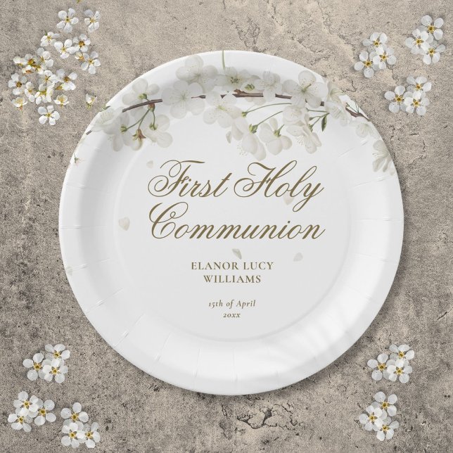 Erste Heilige Kommunion Elegant Weißes Blossom Flo Pappteller (First Holy Communion Elegant White Blossom Floral Paper Plates)