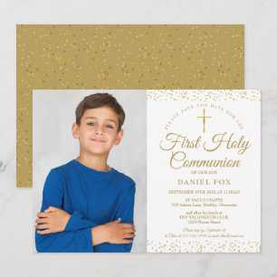 Erste heilige Kommunion Eleganter Goldstaub Foto Save The Date