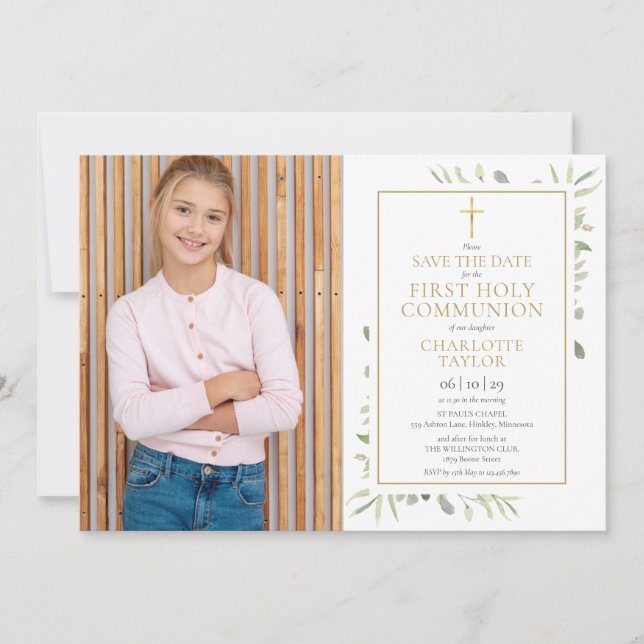 Erste Heilige Kommunion Elegantes Grünes Foto Save The Date (Vorderseite)