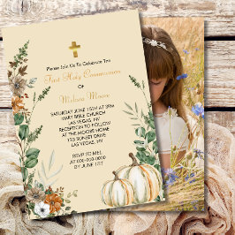 Erste Heilige Kommunion Fall Rustikal Brown Floral Einladung