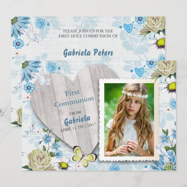 Erste Heilige Kommunion Floral | FOTO Einladung (Vorne/Hinten)