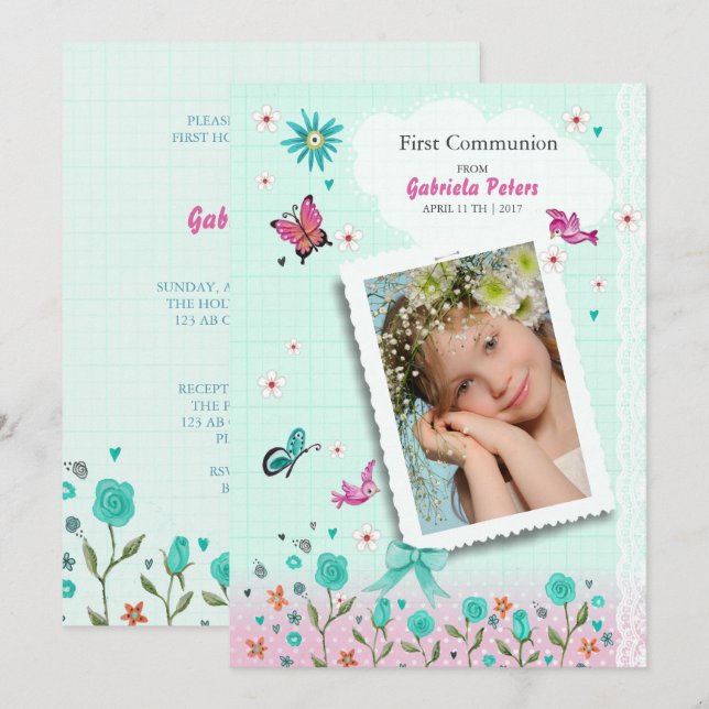Erste Heilige Kommunion Floral | FOTO Einladung (Vorne/Hinten)