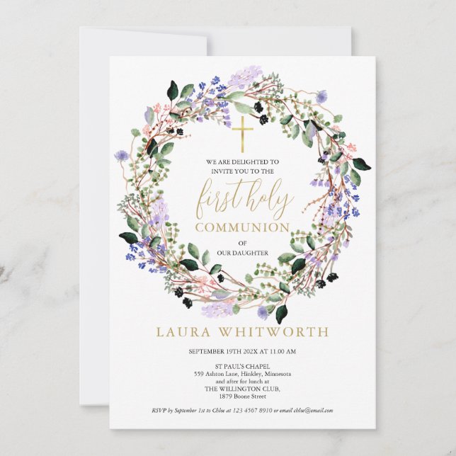 Erste Heilige Kommunion Floral Lavender Garland Einladung (Vorderseite)