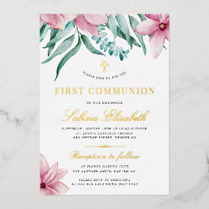 Erste heilige Kommunion floral rosa elegant gold Folieneinladung