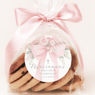 Erste Heilige Kommunion Florale Schleife Elegant Runder Aufkleber