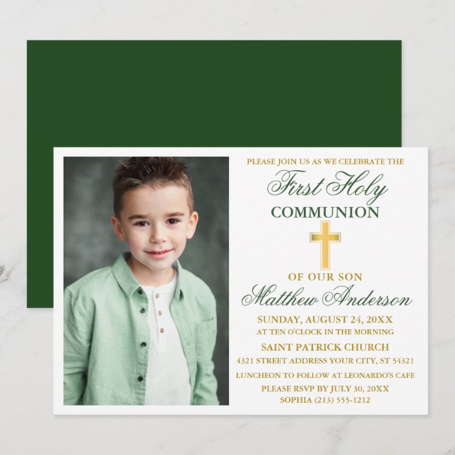 Erste Heilige Kommunion Foto Emerald Green Gold Einladung (Vorne/Hinten)