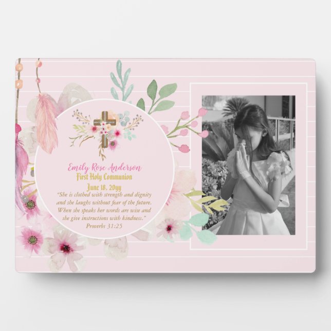 Erste Heilige Kommunion FOTO Gift Grils Pink Blume Fotoplatte (Vorderseite)
